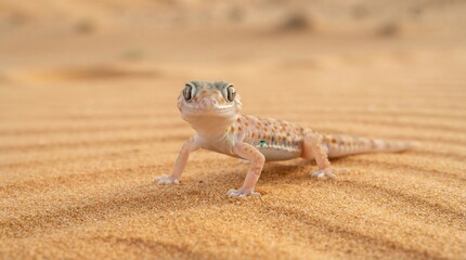 Small desert gecko with large expressive eyes stands alert on the rippled golden sand dunes under bright natural sunlight during a warm clear summer day © A.K .Studio