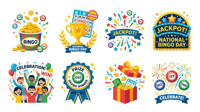 National Bingo Day Vector Set of Graphics for Celebration and Jackpot Wins, Featuring Bingo Cards, Prize Ribbons, and Festive Elements
