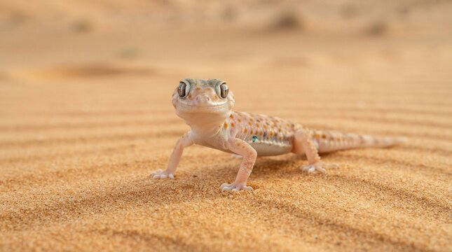 Small desert gecko with large expressive eyes stands alert on the rippled golden sand dunes under bright natural sunlight during a warm clear summer day