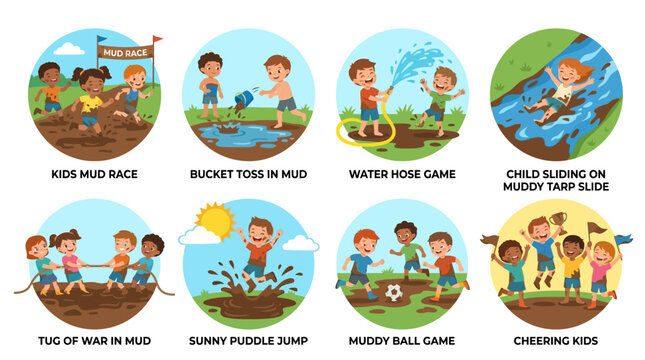Vector Set Of Children Having Fun At A Muddy Outdoor Adventure Park With Various Activities Such As Mud Racing And Water Games For Kids Recreation And Playtime