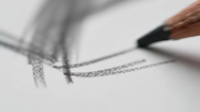 Extreme close-up of a black graphite pencil point drawing a bold curved stroke on textured white paper, showing detailed lead texture and charcoal-like artistic shading.