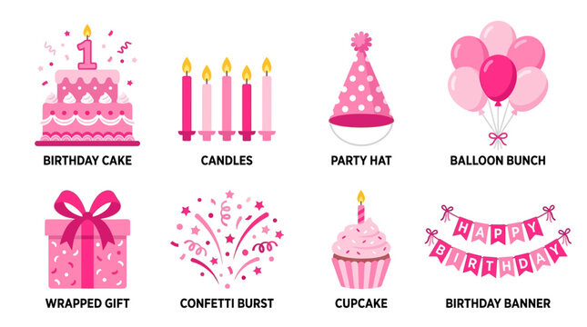 Birthday Party Vector Set with Cake, Candles, Balloons, Gift, Confetti, Cupcake, and Banner for Celebration