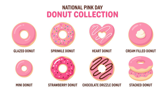 Pink Donut Collection Vector Set - A Delightful Assortment of Sweet Pastries for National Pink Day Celebrations, Perfect for Graphic Design and Culinary Themes