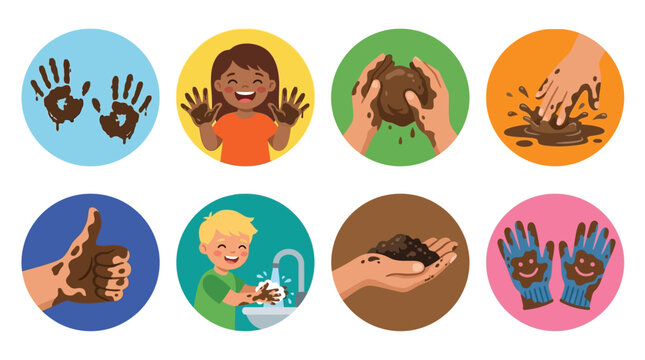 Vector Set Of Kids Playing With Mud, Washing Hands, And Showing Cleanliness With Positive Gestures Like Thumbs Up And Smudged Faces After Outdoor Activities In A Playful And Educational Manner