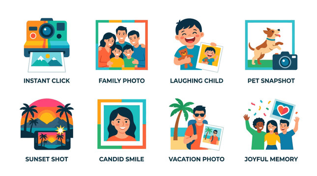 A Vibrant Vector Set of Photographic Moments, Capturing Family, Fun, and Scenic Views for Your Creative Projects