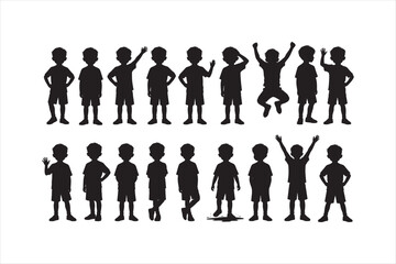Fototapeta premium Collection of children silhouettes in various poses, standing, waving, jumping and playful actions. Black vector set isolated on white background.