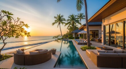 Fototapeta premium Stunning luxury beachfront villa with infinity pool and palm trees at golden sunset.