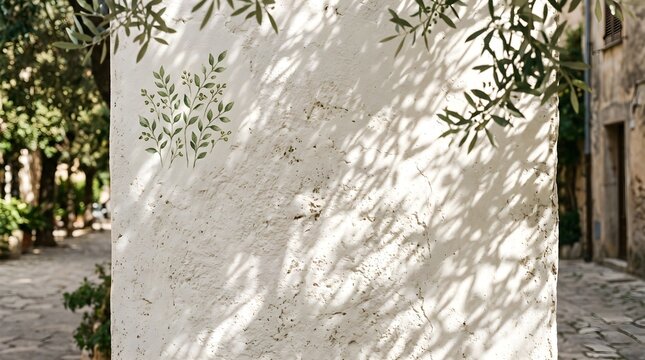 Textured white wall with olive tree leaf shadows in soft natural light during daytime