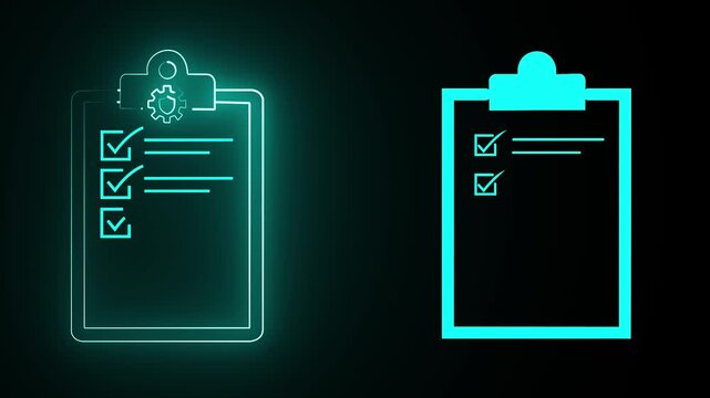 Two clipboard icons with checklist and shield badge symbols and animation . 4k video 