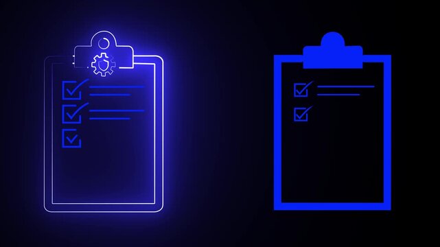 Two clipboard icons with checklist and shield badge symbols and animation . 4k video 
