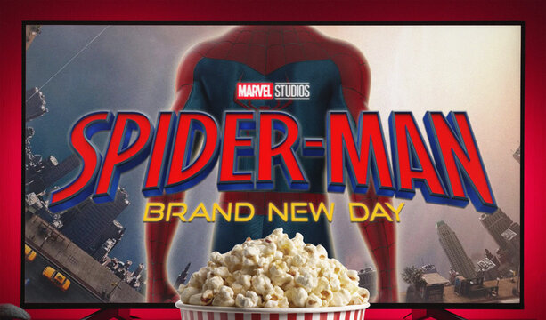 Spider-Man Brand New Day Movie Title Displayed on TV Screen with Popcorn Bucket in Front