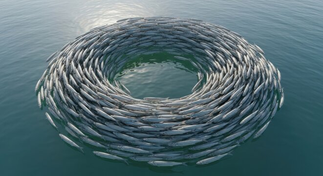 School of fish swimming in circle.