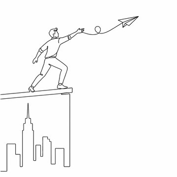 Continuous line drawing of a man standing on a rooftop ledge throwing a paper airplane over a minimalist city skyline silhouette. Illustrates ambition, goals, and business vision.
