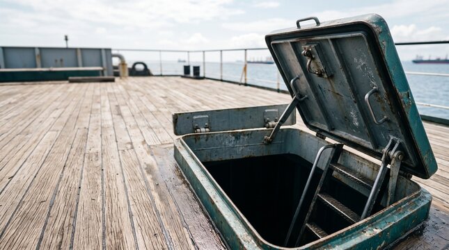 Open deck hatch revealing ladder on wooden ship deck by the sea  