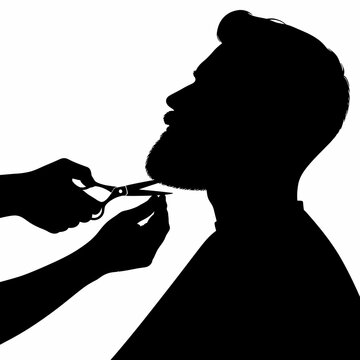 Profile silhouette of a bearded male customer receiving a beard trim with professional scissors from a barber, isolated on white background, showcasing male grooming and hair care.