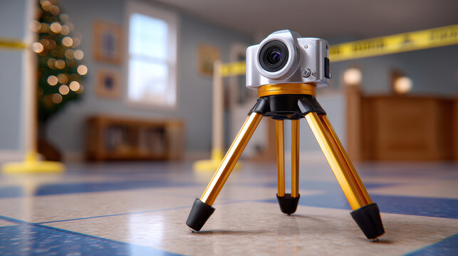 Compact survey camera mounted on small gold tripod positioned on glossy tiled floor inside cordoned interior room with blurred background and caution tape