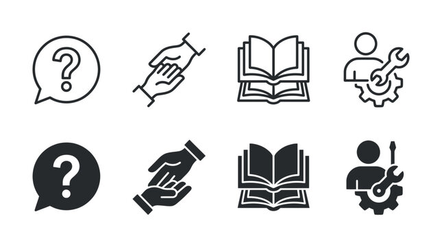 Business education knowledge and technical repair icon set with education knowledge learning technical question