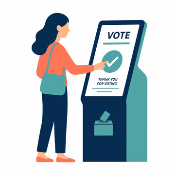 Vector illustration of a woman using a digital electronic voting machine touch screen to cast a ballot at a polling station with thank you for voting message on display screen.
