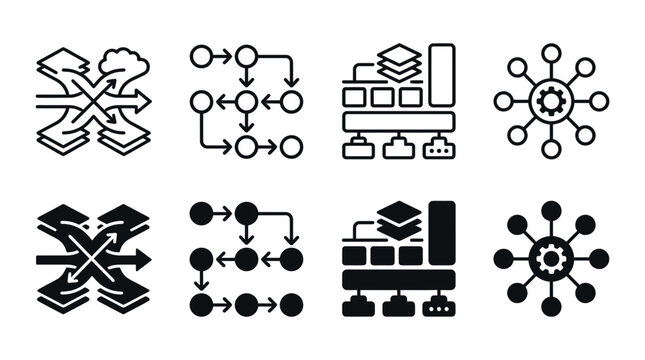System workflow and connectivity process vector icon set for network architecture and data routing with workflow