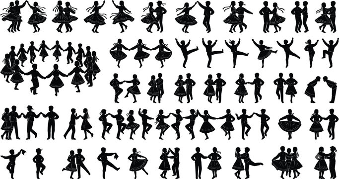 Traditional Folk Dance Silhouettes Vector Set Featuring Dancing Couples Children and Group Performance Elements