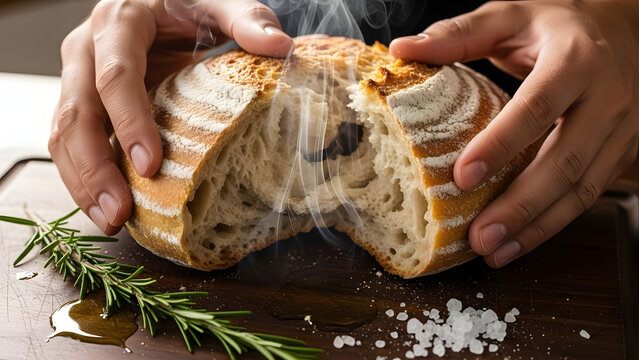 Freshly Baked Sourdough Bread Being Broken Open, Releasing Steam