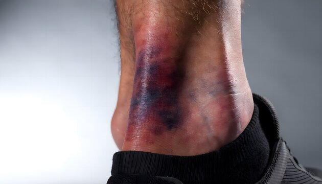 Severe Achilles area bruise and leg pain from blunt trauma, male athlete injury, healthcare and insurance concept
