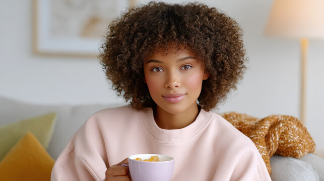 Woman sipping tea on a sofa with soft lighting for lifestyle article and mental wellness feature highlighting calm morning routines and self care moments