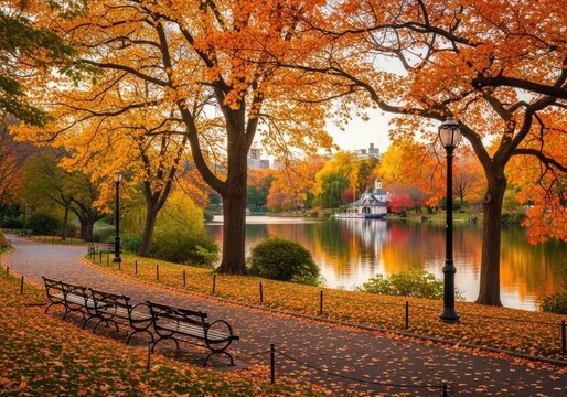 Central Park autumn scenery with colorful trees and a winding pathway in New York City