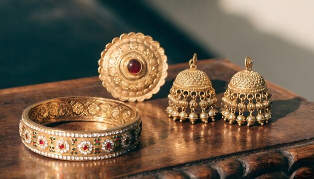 Traditional gold jewelry set with bangles and nose ring on dark surface