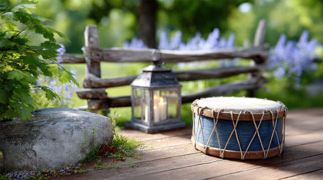 Vintage rope drum on wooden deck with lantern and split rail fence in a rustic garden setting for historical exhibit display memorial event signage and heritage decor scenes