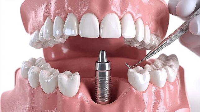 3D render of an open mouth showing a dental implant screw in the lower jaw and a tool examining teeth
