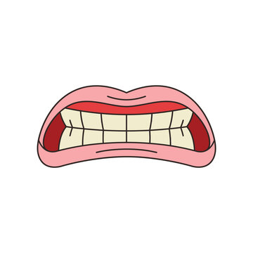 Cartoon mouth with clenched teeth vector illustration, red lips dental expression icon. Isolated biting grimace graphic for emoji