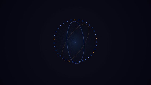 Glowing atomic orbital paths on dark background.