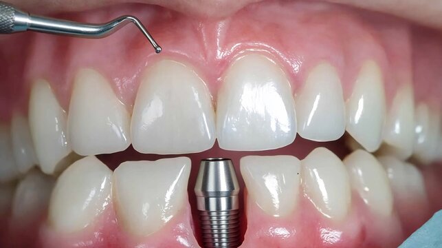 Close-up view of a dental implant screw in the lower jaw with a professional tool examining the upper gums