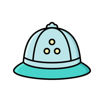 Cute cartoon safari hat vector icon, turquoise and light blue explorer helmet illustration, outlined cap symbol for travel apps