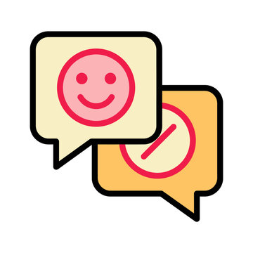 Retro smiley chat bubble vector icon, pink and yellow outline messaging symbol. Minimal cartoon social feedback sticker for UI apps