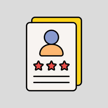 Flat vector document icon with user profile and three star rating, yellow folder and paper symbol for reviews, HR feedback, UI