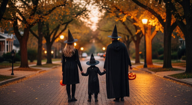 Family dressed as witches walking down a tree lined street on halloween
