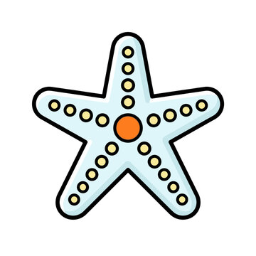 Cartoon starfish vector icon, cute sea star outline in blue and orange with dotted texture. Marine animal sticker for kids design