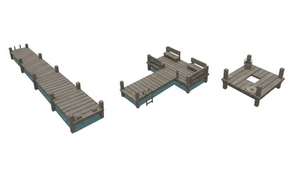 Obraz premium Set of Three Wooden Lake Docks and Piers
