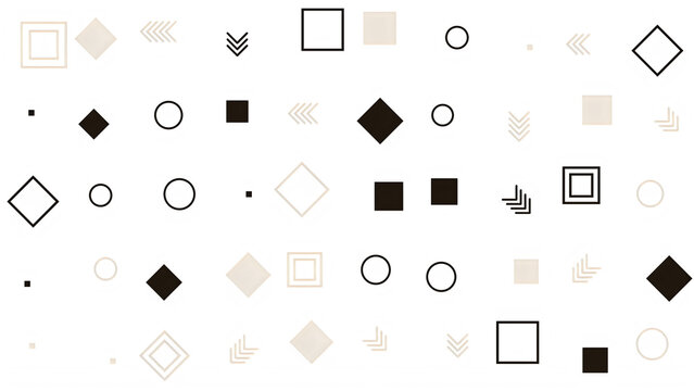 Minimalist black and white geometric shapes pattern with outlines and icons on transparent background.