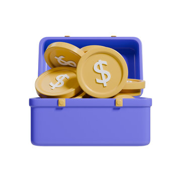 3d render of an open chest full of dollar coins icon. Suitable for a business