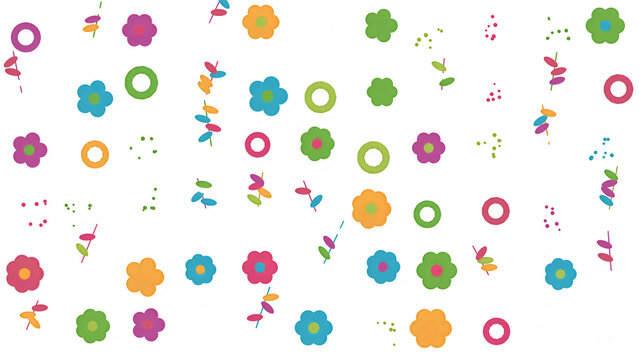 Floral pattern with colorful flower icons and organic branches on transparent background.