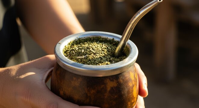Traditional mate gourd with bombilla and yerba mate.