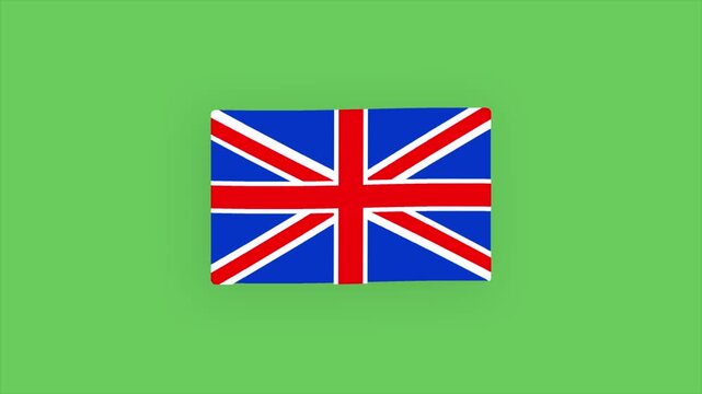 Animated cartoon formation and gentle waving loop of the United Kingdom national flag (Union Jack) on a green screen chroma key background