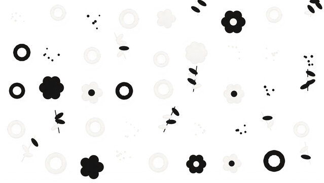Black and white floral silhouette pattern with minimalist organic shapes on transparent background.