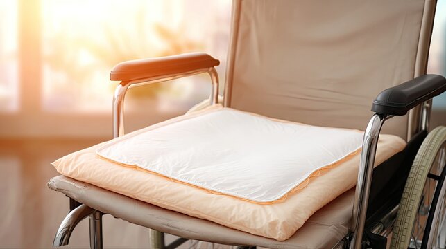Wheelchair equipped with anti-bedsore breathable care pad, soft warm indoor home elderly care scene, medical auxiliary cushion for incontinence disabled people
