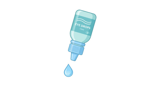 A cartoon illustration of a blue eye drop bottle dispensing a single liquid drop.