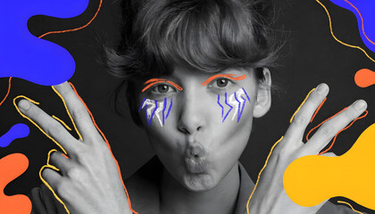 Naklejka na ściany i meble Creative young woman portrait with colorful graphic doodles. Gen z self expression and modern art fashion. Playful female making funny face and showing peace sign
