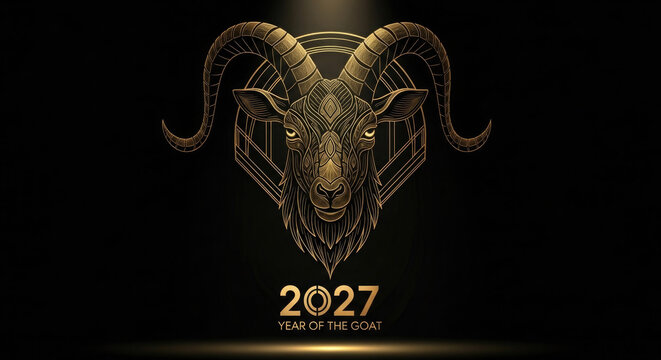 Golden linear illustration of a rams head with geometric shapes and the year 2027